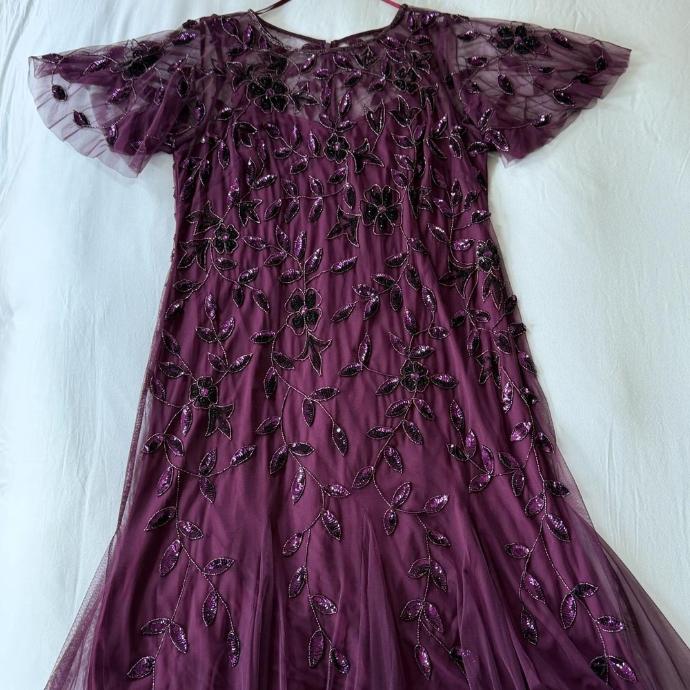 Adrianna Papell Plum Floral Beaded Sequin Cocktail Dress 18W Wedding Guest